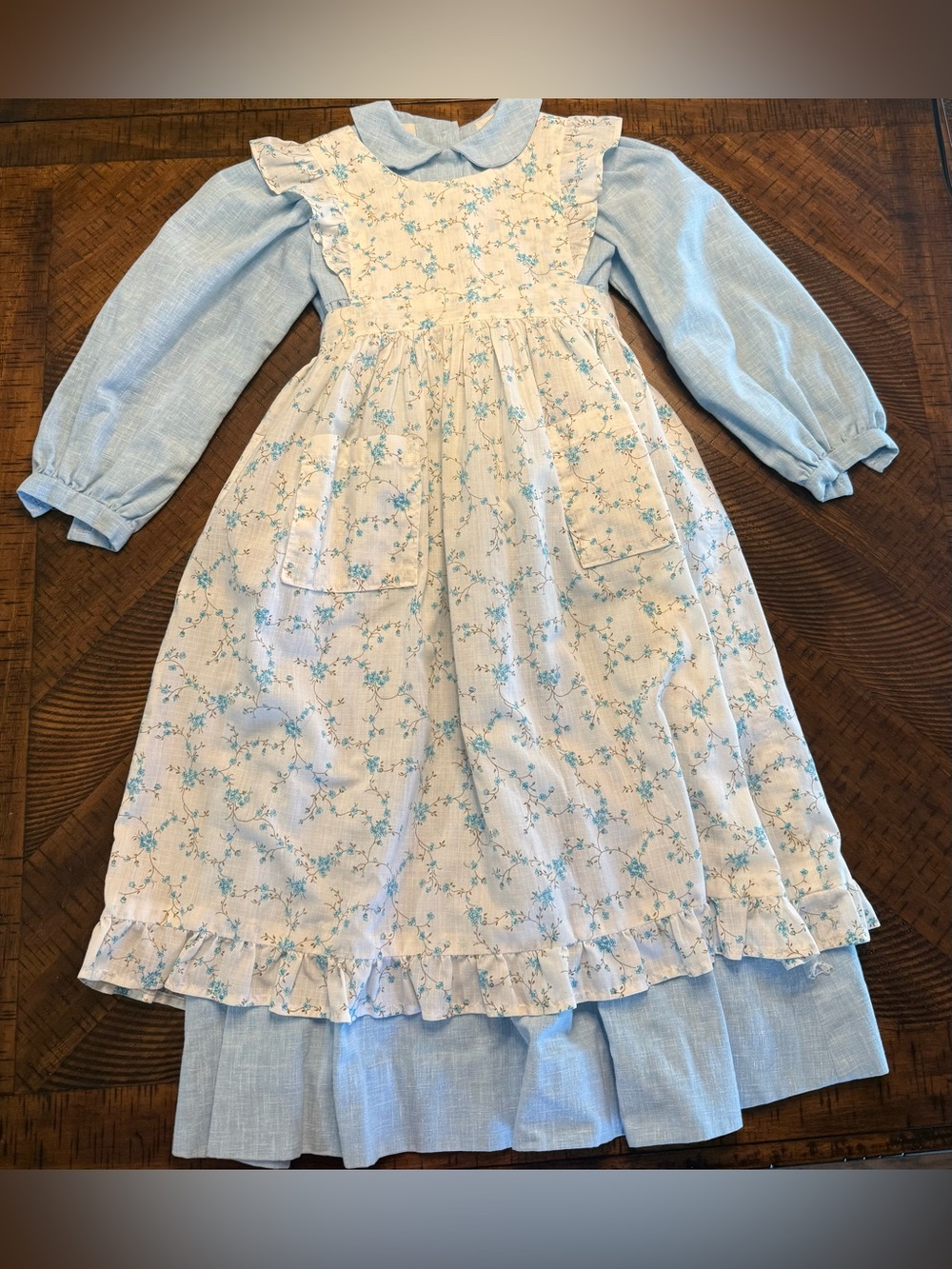 {vintage} Handmade Blue Floral Ruffled Bib Dress for Girls